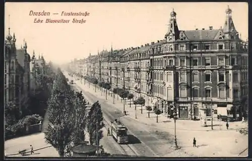 AK Dresden, Fürstenstrasse Ecke Blasewitzer Strasse mit Strassenbahn