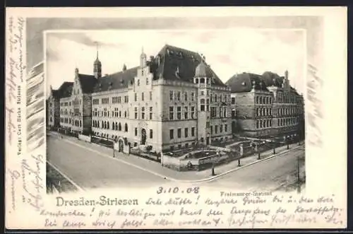 AK Dresden-Striesen, Freimaurer-Institut mit Strassenpartie