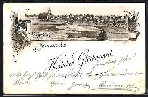 Lithographie Altusried, Ortsansicht aus der Vogelschau