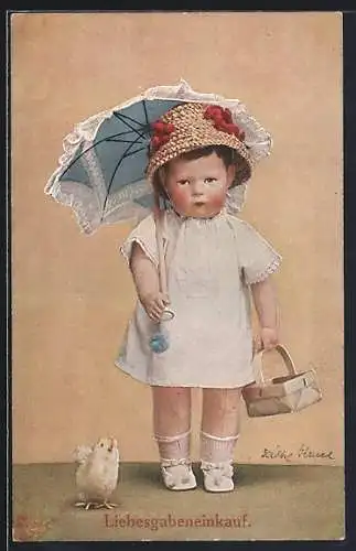 AK Käthe Kruse-Puppe mit Sonnenschirm und Hut