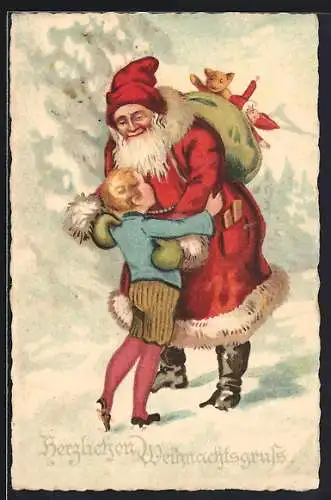 AK Weihnachtsmann umarmt einen Knaben