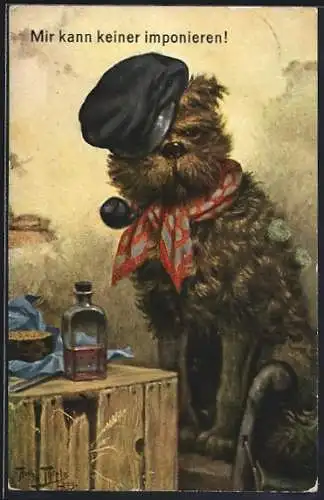 Künstler-AK Arthur Thiele: vermenschlichter Hund mit Pfeife am Tisch sitzend