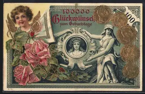 AK Engel mit Rosenzweig, 100-Mark Schein