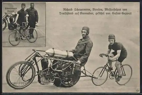 AK Radsportler Richard Scheuermann auf Brennabor, geführt von Gustav Geppert, Steherrennen, Motorrad