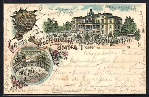 Lithographie Dresden, Zoologischer Garten, Concert u. Gesellschaftshaus