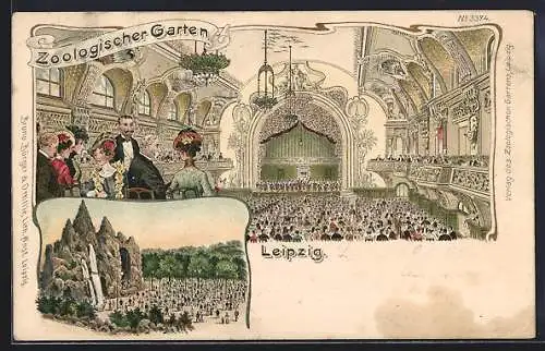 Lithographie Leipzig, Zoologischer Garten, Wasserfall, Saal