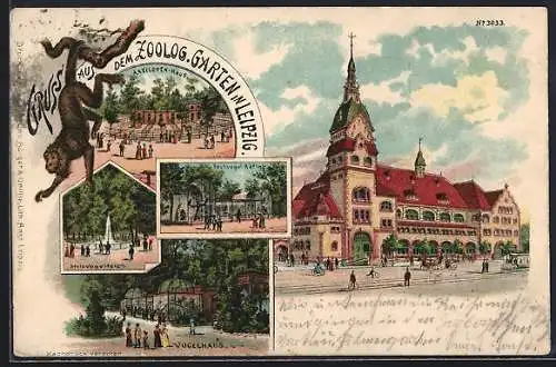 Lithographie Leipzig, Zoologischer Garten, Vogelhaus, Antilopenhaus
