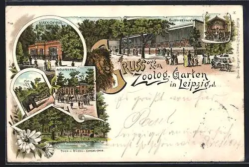 Lithographie Leipzig, Zoologischer Garten, Raubtierhaus, Bären-Zwinger, Antilopen-Haus, Elefant, Büffel- u. Kamelhaus