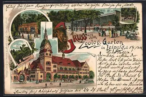 Lithographie Leipzig, Zoologischer Garten, Bärenzwinger, Raubtierhaus