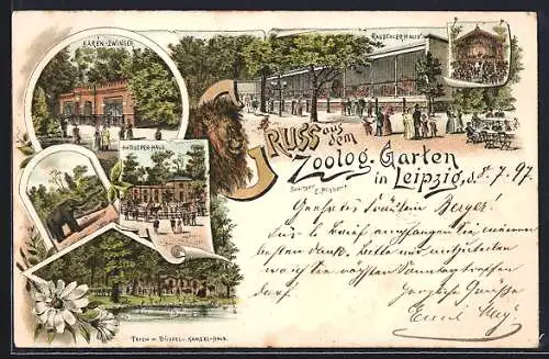Lithographie Leipzig, Zoologischer Garten, Raubtierhaus, Bären-Zwinger, Antilopen-Haus, Elefant, Büffel- u. Kamelhaus