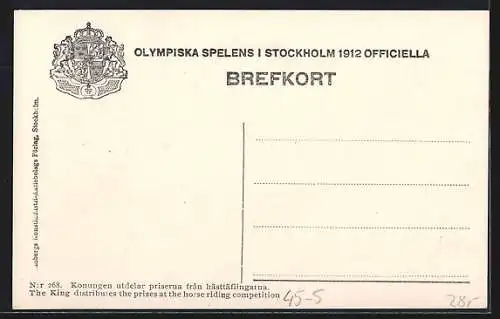 AK Stockholm, Olympia 1912, The King distributes the prizes at the horse riding competition