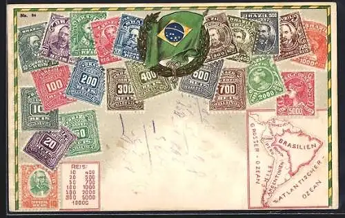 AK Briefmarken, Kranz mit brasilianischer Flagge