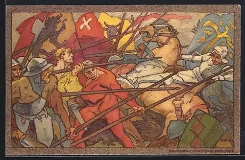 AK Schweizer Bundesfeier 1911, Schlachtszene, Ritter im aussichtslosen Kampf