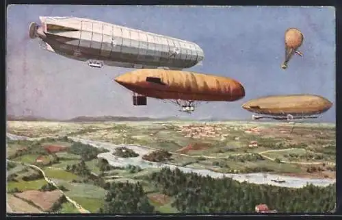 AK Luftschiffe und Heissluftballon im Fluge