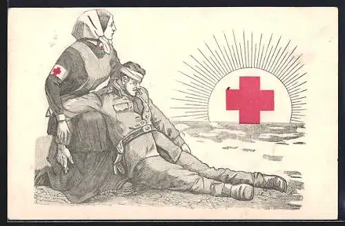 Künstler-AK Schwester des roten Kreuzes mit einem verwundeten Soldaten, Rotes-Kreuz-Sonne