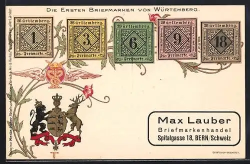 AK Die ersten Briefmarken von Württemberg, Freimarken, Wappen