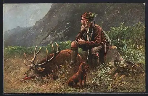 Künstler-AK M. Müller jun.: Jäger thront über einem erlegten Hirsch