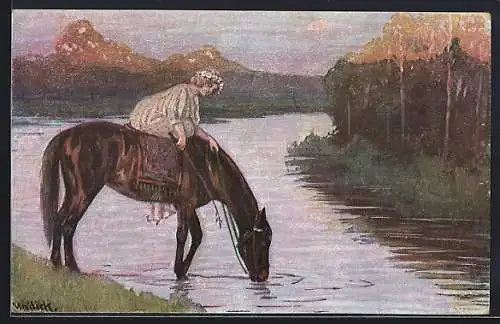 Künstler-AK Alfred Mailick: Reiterin tränkt ihr Pferd am See