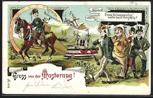 Lithographie Gruss von der Musterung, Reitende Gebirgsmarine mit Kriegsschiff Immerfett