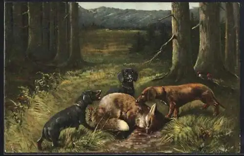 Künstler-AK Rudolf Fuchs: Drei Dackel mit einem Fuchs im Wald