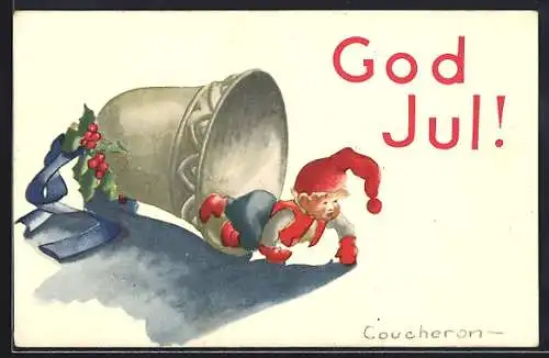 Künstler-AK sign. Coucheron: Zwerg an einer Glocke, Weihnachtsgruss