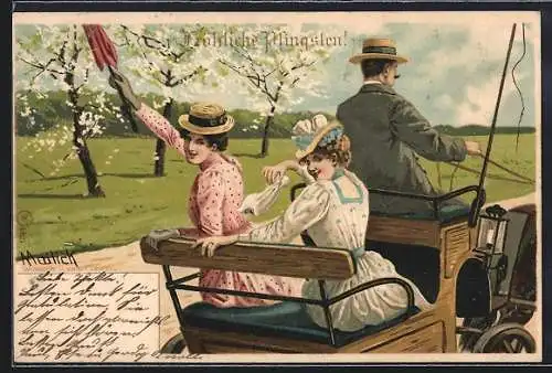Künstler-AK Alfred Mailick: Pfingsten, Spazierfahrt zweier Damen mit dem Pferdegespann