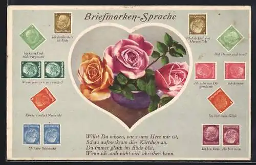 AK Briefmarken-Sprache, Willst Du wissen, wie`s ums Herz mir ist...