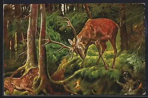 Künstler-AK Hund trifft auf einen Hirsch im Wald