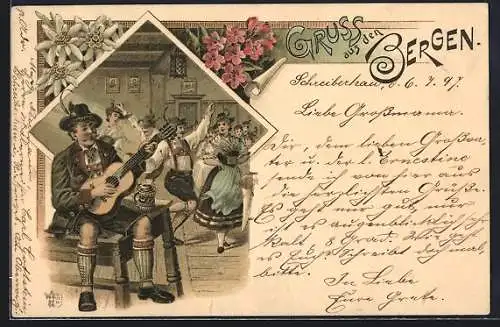 Künstler-AK Musikant und tanzende Paare in einem Wirtshaus, Gruss aus den Bergen