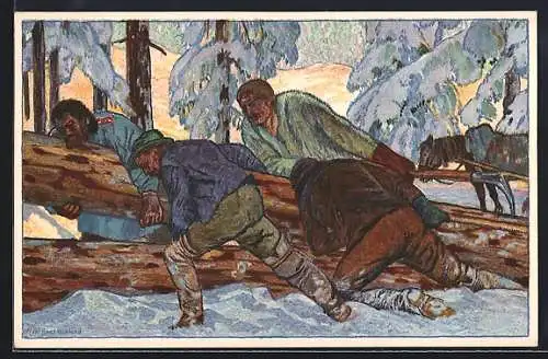AK Schweizer Bundesfeier 1920, Männer bei Holzarbeiten im Wald