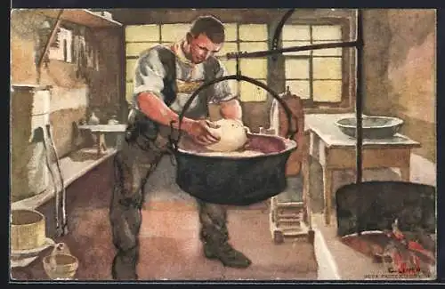 AK Schweizer Bundesfeier 1. August 1920, Bäcker wiegt den Teig