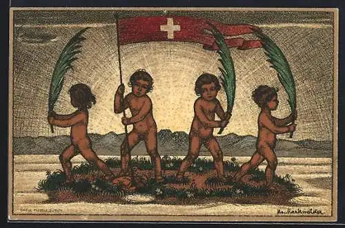 AK Schweizer Bundesfeier 1916, Für die Notleidenden Wehrmänner, Kinder mit Flagge