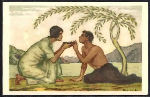 AK Henri Dunant, Bundesfeier 1917, für das Rote Kreuz, Frau reicht einem Mann Trinkschale