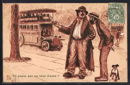 Künstler-AK Doppeldeckerbus, Zwei Männer reden über eine Busfahrt