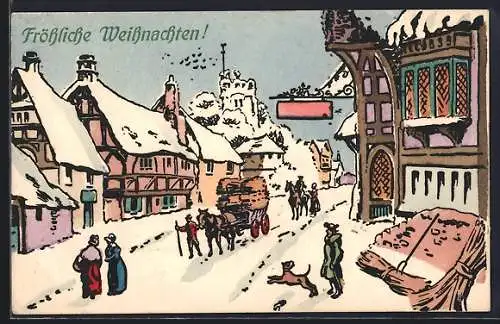 Künstler-AK M. Munk Nr. 502: Fröhliche Weihnachten, Pferdegespann auf verschneiter Dorfstrasse