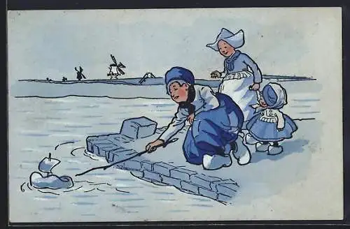 Künstler-AK M. Munk Nr. 752: Niederländische Kinder spielen am Wasser mit einem Segelboot