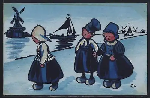 Künstler-AK M. Munk Nr. 587: Kinder in Tracht mit Holzschuhen bei einem Spaziergang