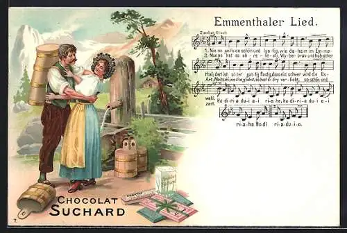 Lithographie Reklame für Chocolat Suchard, Emmenthaler-Lied, Liebespaar umarmt sich