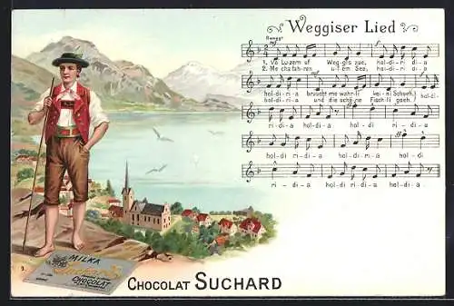 Lithographie Werbung für Chocolat Suchard, Schweizer in Tracht vor Bodensee mit Ortschaft, Weggiser Lied