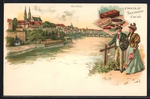 Lithographie Basel, Liebespaar geht am Fluss Spazieren, Chocolat Suchard Cacao, Ortsansicht