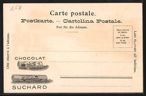 Lithographie Basel, Liebespaar geht am Fluss Spazieren, Chocolat Suchard Cacao, Ortsansicht
