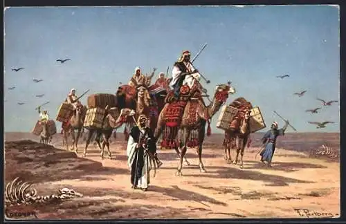 Künstler-AK Friedrich Perlberg: Kamelkaravane durch die Wüste