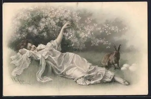 Künstler-AK Wichera: Dame und Osterhase unter einem blühenden Baum