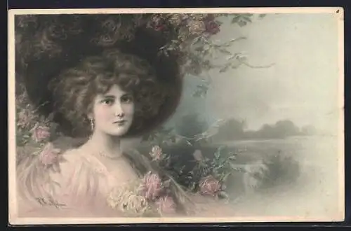 Künstler-AK Wichera: Junge Dame mit Locken vor Auenlandschaft