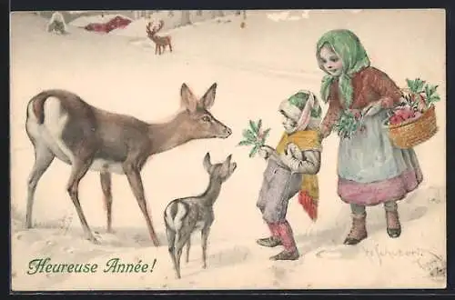 Künstler-AK H. Schubert: Heureuse Année, Kinder füttern Rehe im Schnee