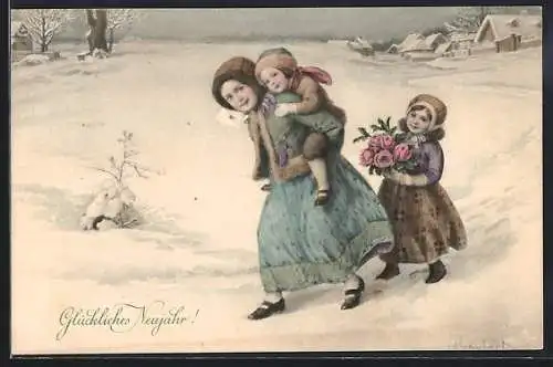 Künstler-AK H. Schubert: Glückliches Neujahr, Mädchen trägt ihr Brüderchen huckepack