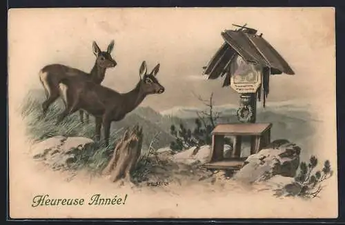 Künstler-AK R.Ulreich: Rehe betrachten ein Flurkreuz