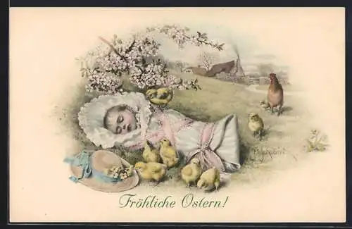Künstler-AK H. Schubert: Ostergrüsse, Baby mit Kücken