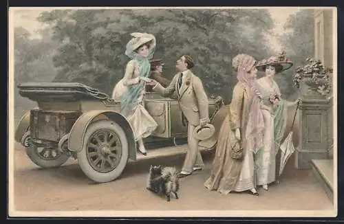 Künstler-AK Herr hilft einer Dame aus einem Auto