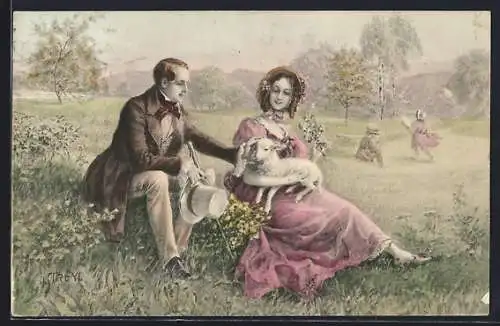 Künstler-AK sign. Streyl: Paar sitzt mit einem Lamm auf einer Wiese